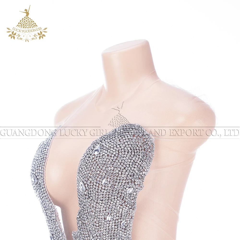 Silver crystal rhinestone bodice applique fringe patch for wedding bridal dress DRA-764