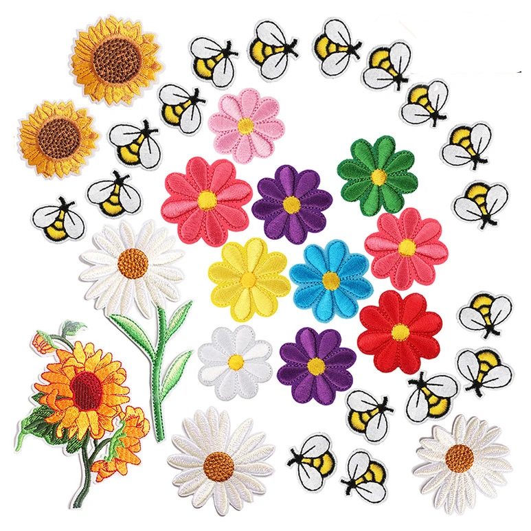 Factory Iron on Patches Ready to ship embroidery Sunflower Bee badge patches wholesale custom logo patches for clothes