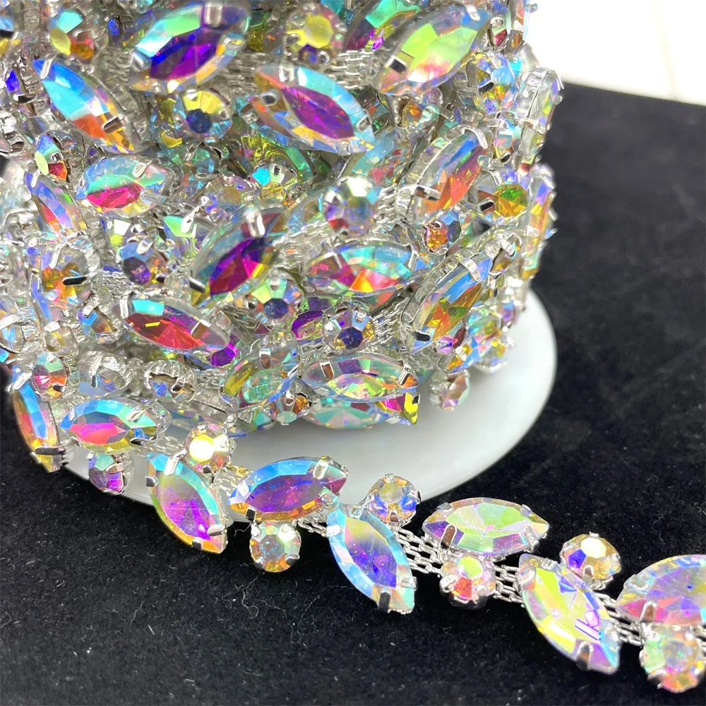 tr234 wholesale AB glass beads crystal diamond rhinestone cup chain trimming for wedding dress clothes