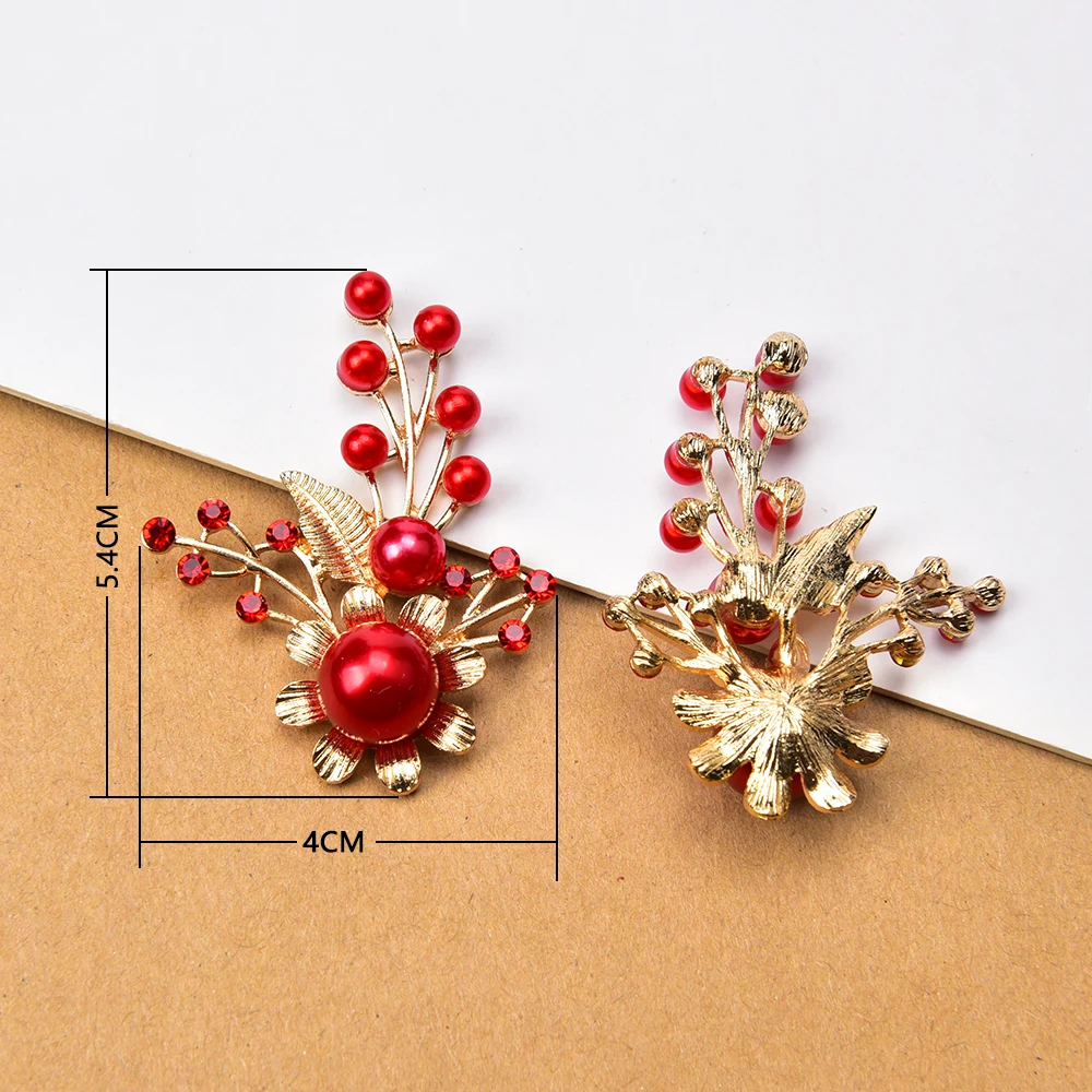 Retro Series Diy Alloy Accessories Red Color Flower Pearl Rhinestone Decoration Button For Clothing Brooch Bags Wedding Bouquet