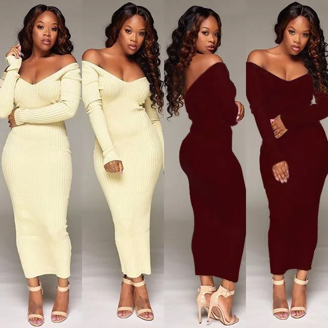 
africa woman new style wrap dress V-neck long sleeve black party sexy knitted dress 