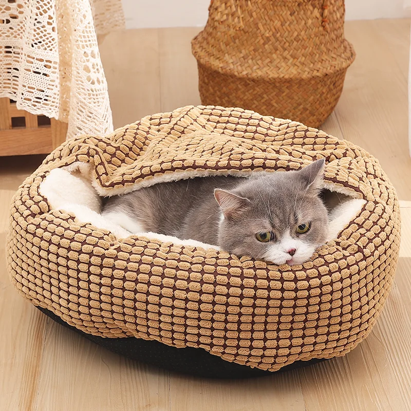 Winter Warm Pet Round Bed Kennel Soft Fleece Thicken Nest Cat Dog Semi-enclosed Sleeping Bed