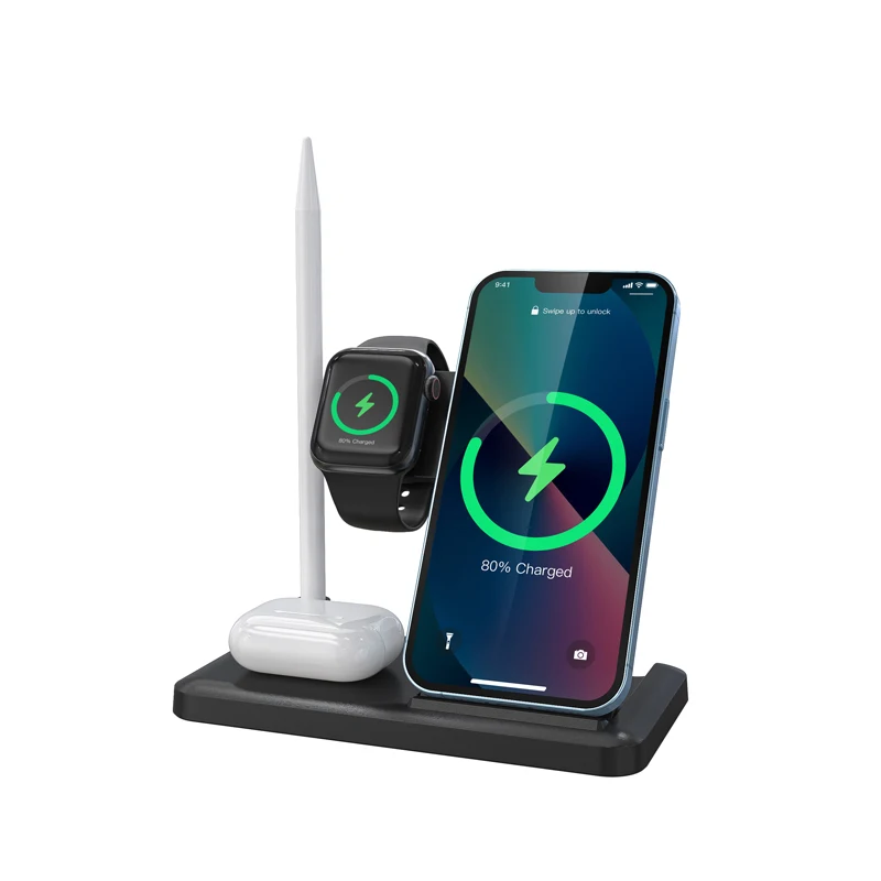 15W Fast Slim 4 In 1 Tablet Stand 4-In-1  Multifunctional Desk Qi Wireless Charger For All Apple Watch Series