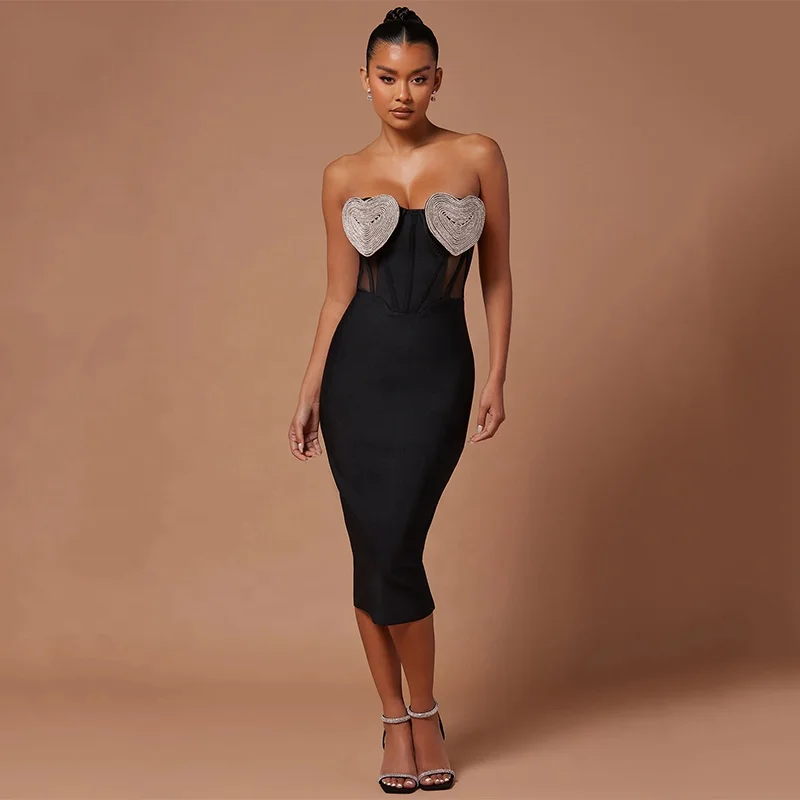 BA422 Black Peach Heart Crystal Bandage Dress Women Spring 2024 Sexy Strapless Mesh Party Midi Dresses Fashion Bodycon Vestidos