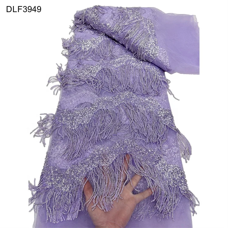 Wholesale High Quality Elegant Beaded Tube Lace Fabric for Wedding Party Dress Heavy Shiny Tassel Tube Bead Sequins Lace Fabric