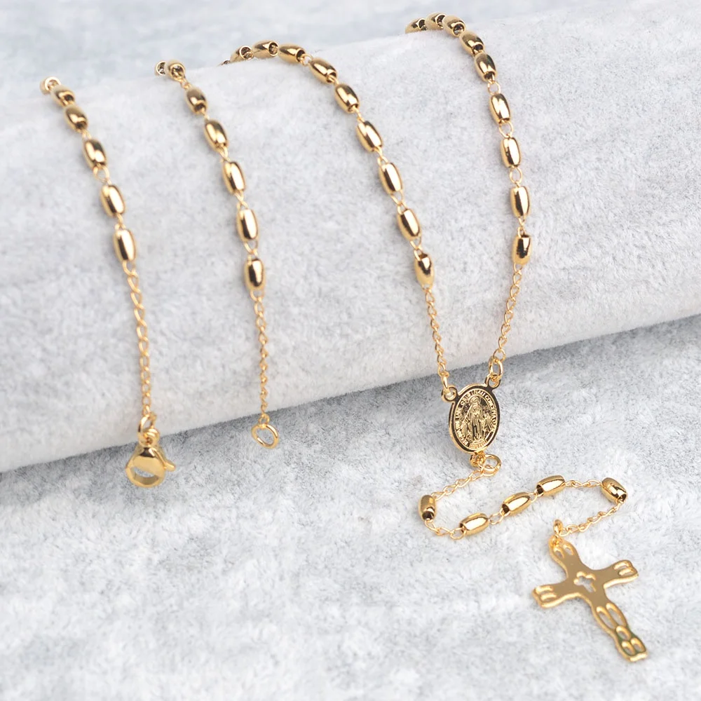 LineAve Women Gold Plated Stainless Steel Catholic Rosary Oval Beads Cross Necklace