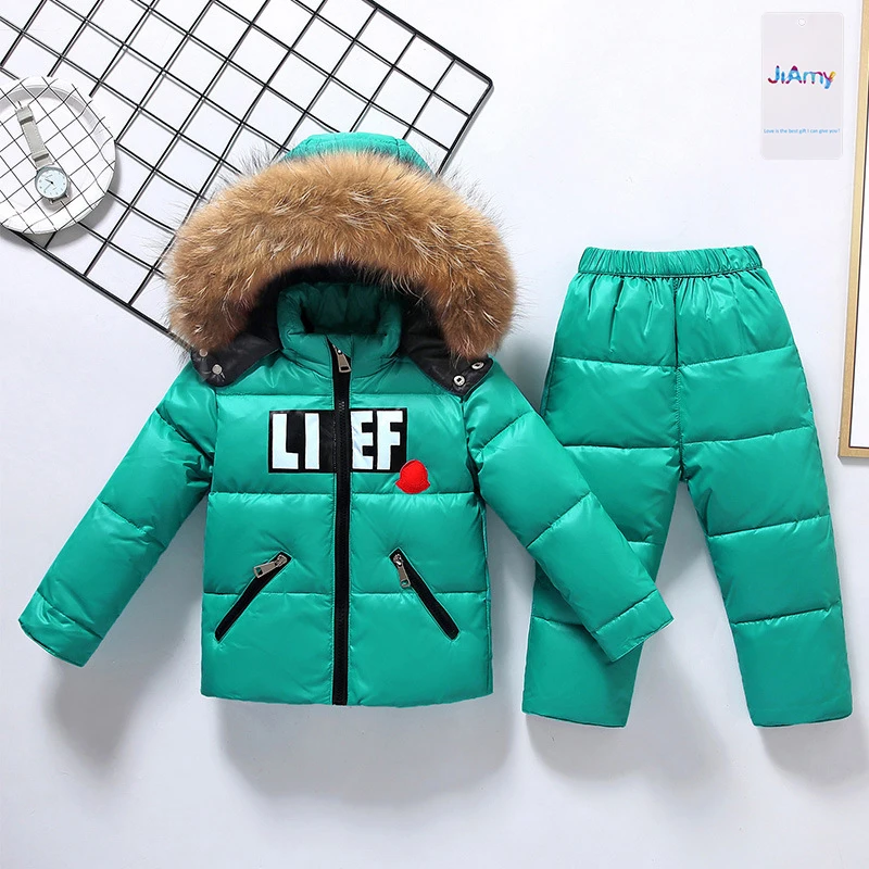 JiAmy Windproof Fur Hood Jacket & Bibs Pants Kids Winter Snowsuit Baby Ski Suit
