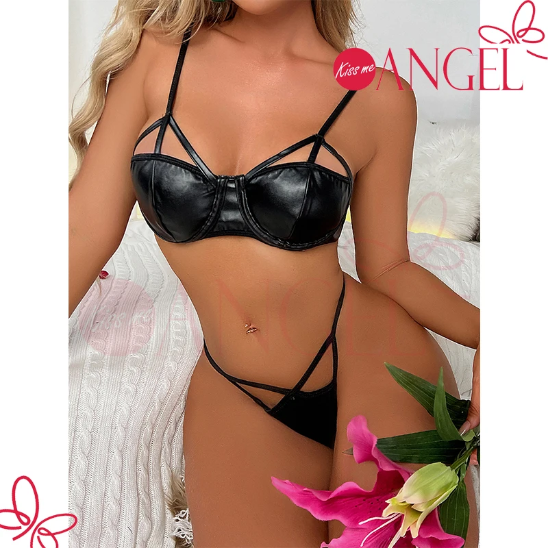 Индивидуальный индивидуальный костюм KISS ME ANGEL черный кожаный бюстгальтер с глубоким V-образным вырезом размеры XS S M L Красивый Привлекательный комплект из бюстгальтера и трусиков для