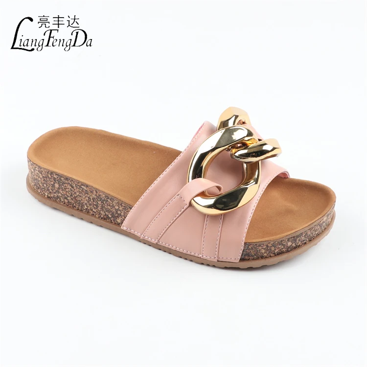 Wholesale OEM ODM Gold Chain Cork Sole Flat Sandal for Women Slides Custom Logo Ladies Slippers Shopify Amazon Customization