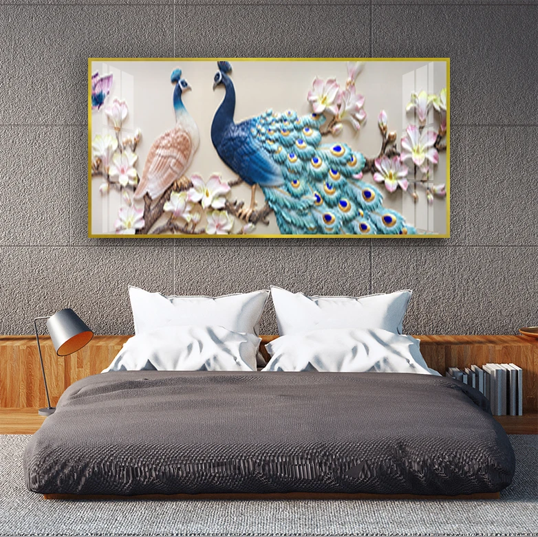 New Chinese style peacock style decorative painting sofa background wall atmospheric hanging painting crystal porcelain paint