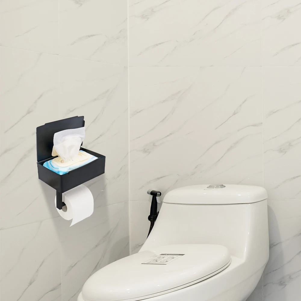 New Design Stainless Steel Black Phone Shelf Lid Flushable Wet Wipes Dispenser Storage Box Toilet Paper Roll Holder