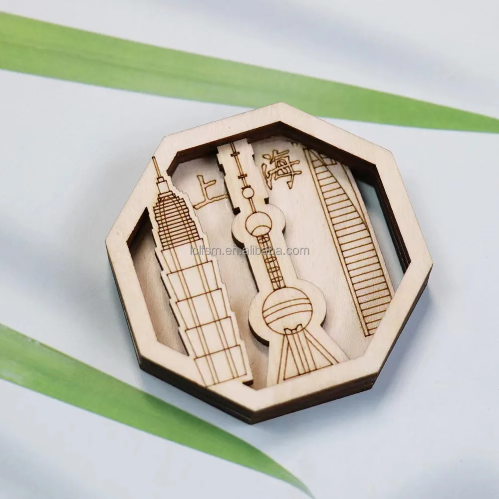 Cultural and creative large wooden fridge magnets featuring iconic urban architectural design