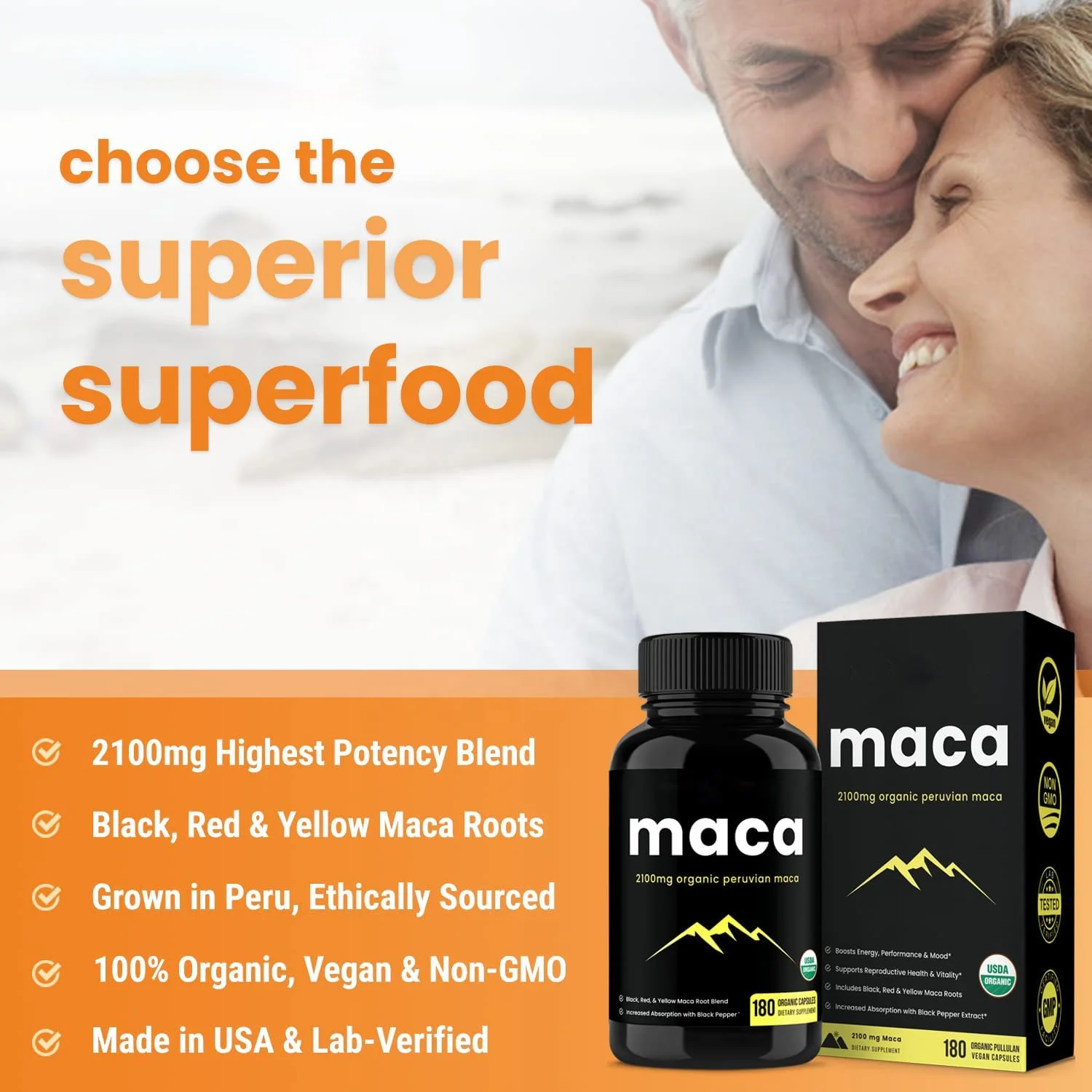 Organic Maca Root Capsules 2100mg with Black Red&Yellow Peruvian Maca Root Powder& Black Pepper Extract for Improved Energy Mood