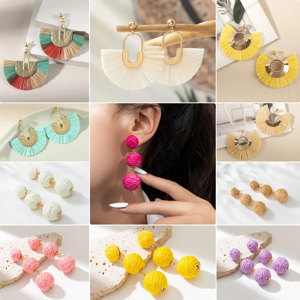 63 Design Bulk Beach Handmade Geometric Round Teardrop Boho Raffia Woven Earrings Weaved Rattan Fan Earrings