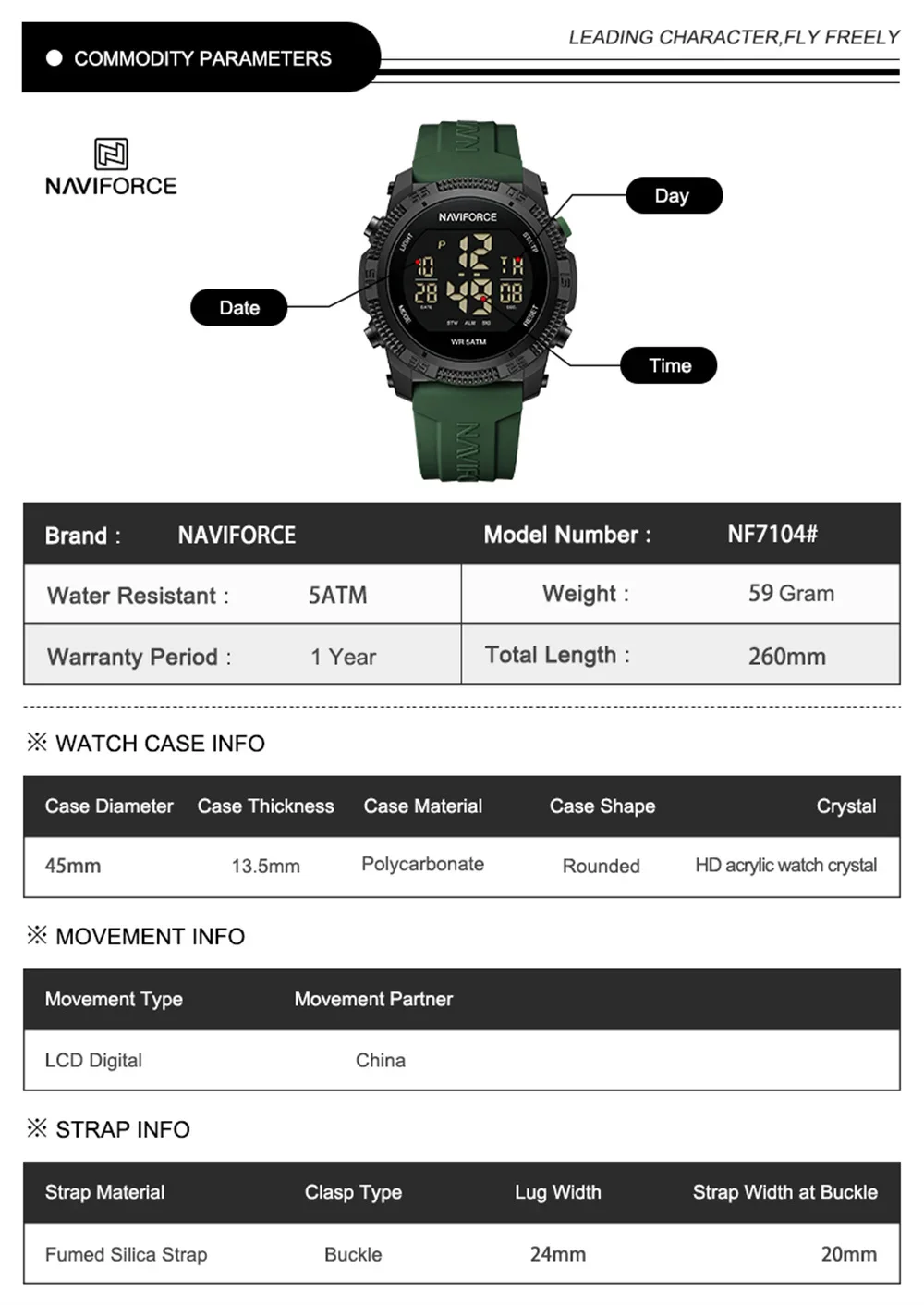 NAVIFORCE 7104 Digital Watch Men Sport Chronograph Male Wristwatch Stopwatch Waterproof Original Man Stopwatch Week Date Alarm