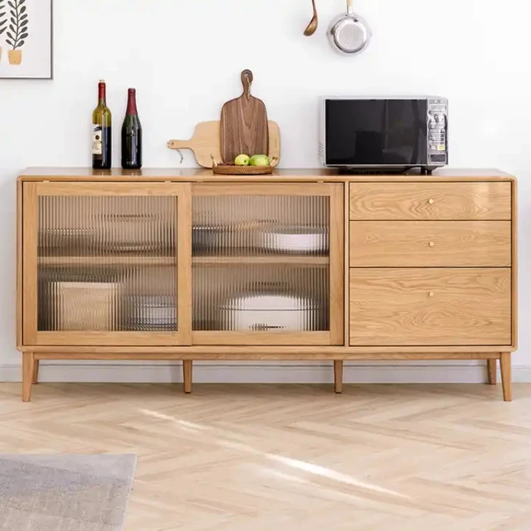 Oak solid wood sideboard cabinet Wooden Sideboard Buffet with Glass Doors Shelves and Drawers, Large Storage Cabinet