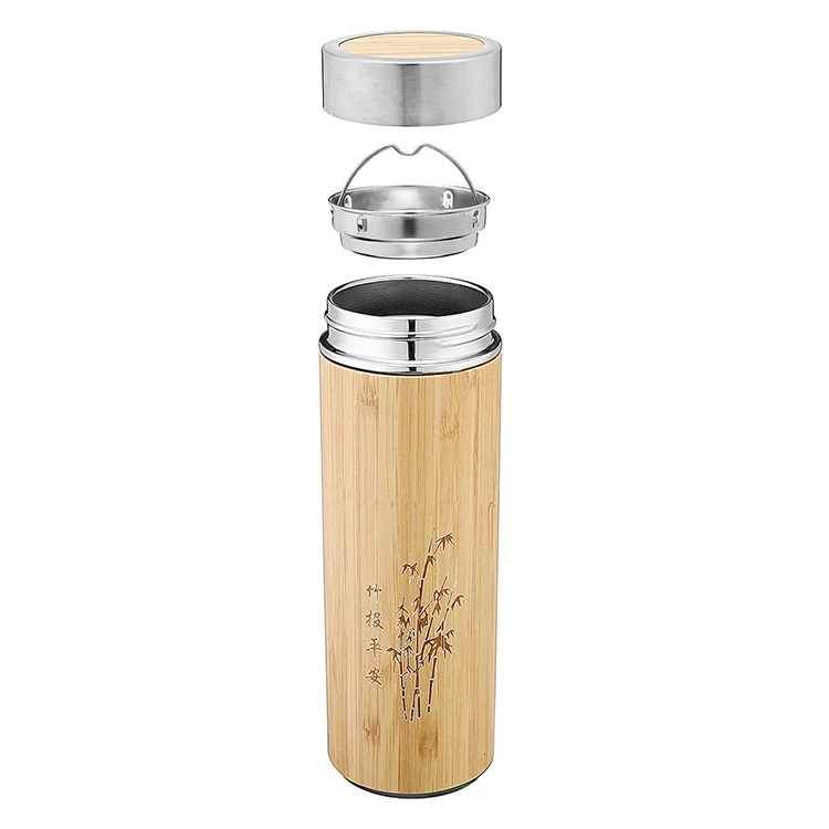 Custom Logo 450ML Bamboo Vacuum flasks Cup Stainless Steel water Bottle With Fruit Tea Strainer Filter For gift