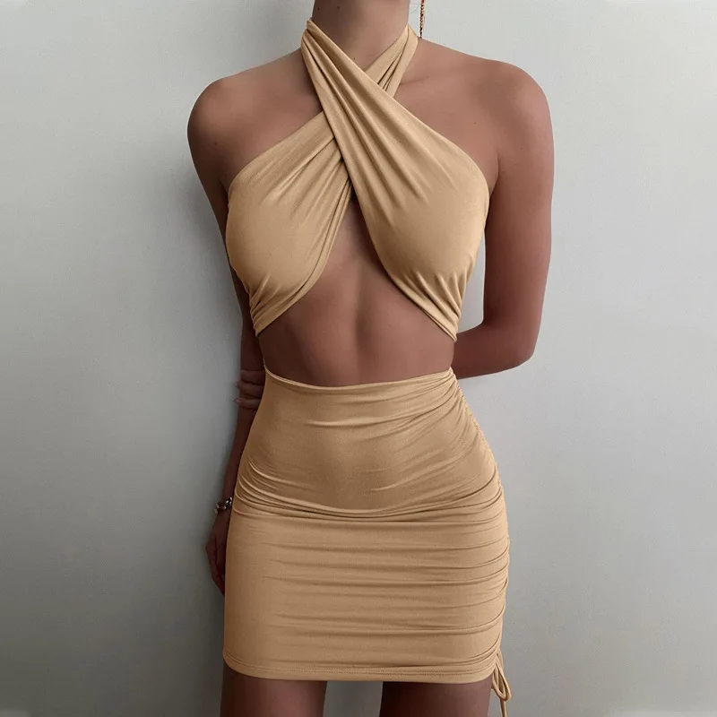 
Summer 2021 Sexy Solid Color Drawstring Pleated Cross Halter Neck Bodycon Mini Dress For Women 