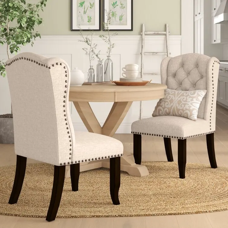 Wholesale Modern American Style Wingback Upholstered Linen Buttoned Wooden Dining Chairs