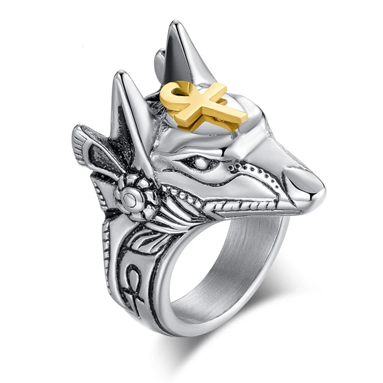 Vintage Anubis Self-defense Bodyguard Broken Window Stainless Steel Ring Ancient Egyptian Devil Wolf Head Ring