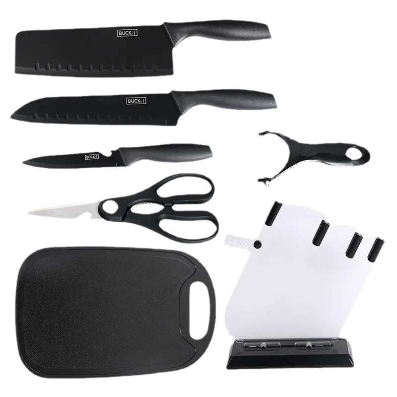 7pcs Black Stainless Steel Knife Set Kitchen Chopping Knife Set with Cutting Board and Knife Holder