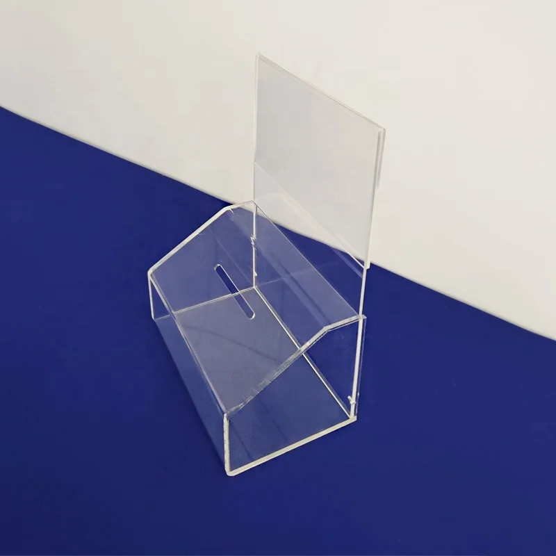 Unique Design Acrylic Donation Box with Sign Holder Clear Acrylic Suggestion Box Small Coin Canister with Sign Holder