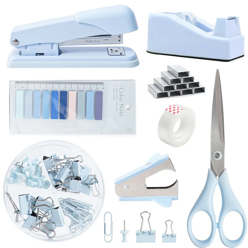 Hot Selling Cross-Border Desktop Office Stationery Set in Blue Includes Stapler Tape Measure Scissors Nail