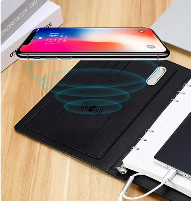 Multifunctional Business Notebook A4 Organizer with Fast Mobile Power Wireless Charging PVC Leather Cover for Gifts Diaries