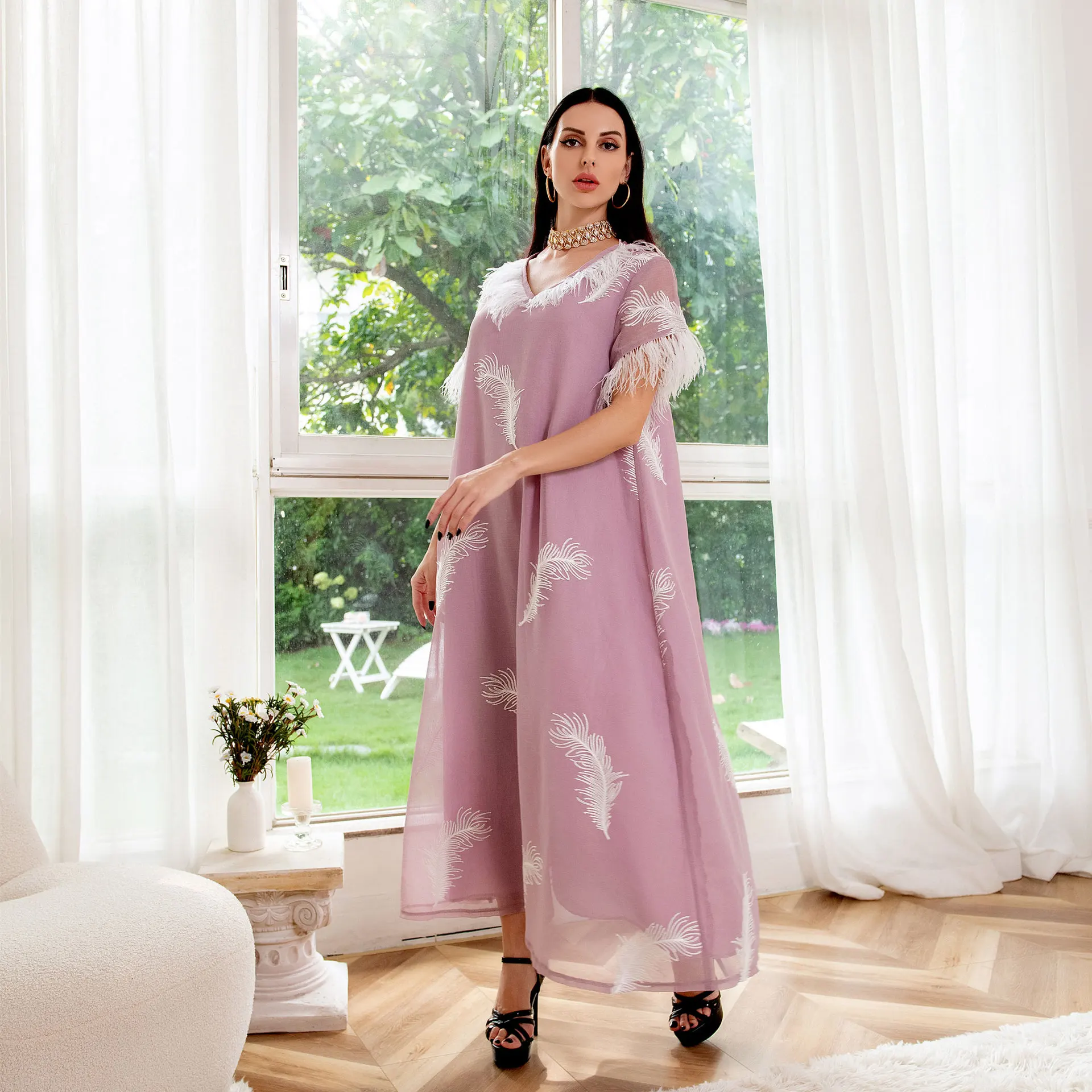 New Arrival Open Fashion Muslim Women Dress with Feather Hijabs Muslim Women Matching Mother and Daughter Clothing