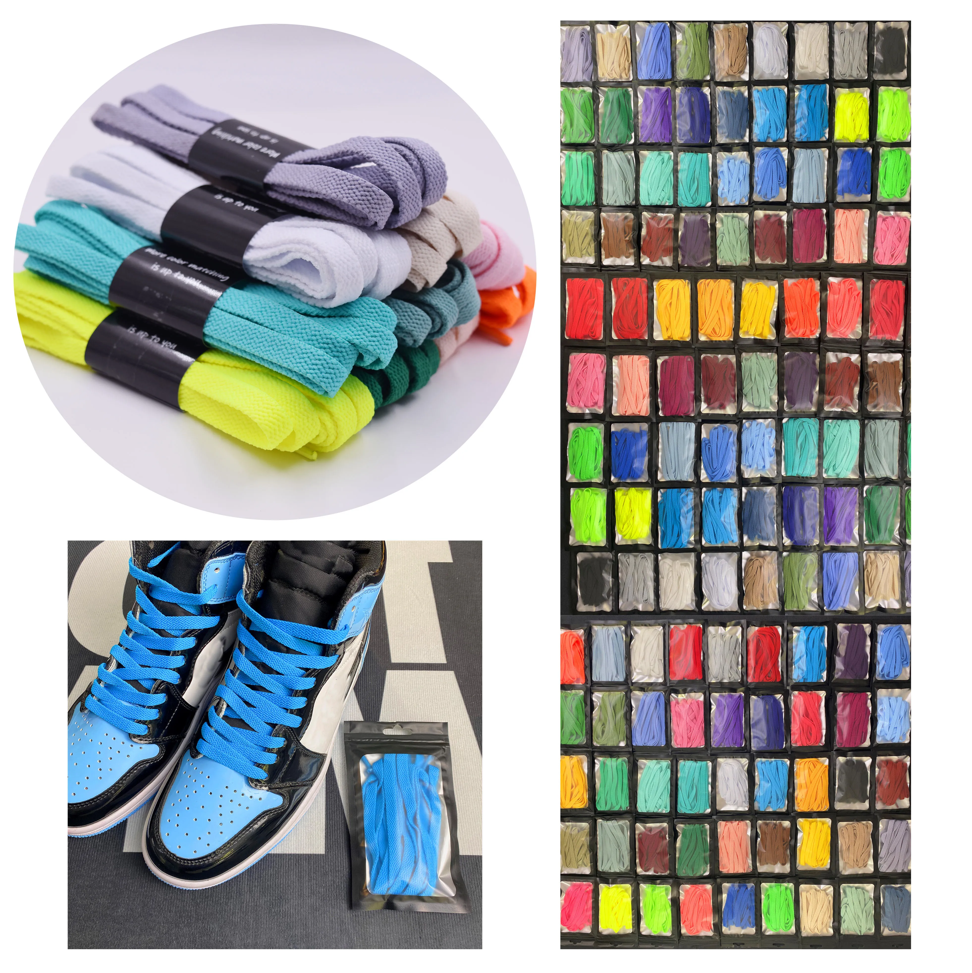 Flat laces low MOQ have stock 8mm plain flat pure colourful shoe laces polyester shoelaces with tips