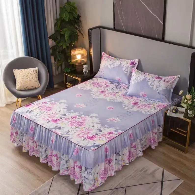 3pcs Set Bedding Skirt +2pcs Pillowcases Wedding Bedspread Bedsheet Mattress Cover Full Twin Queen King Size Floral Bedsheets