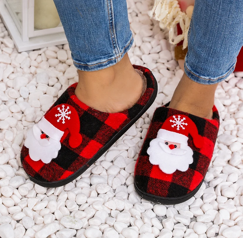 Household Red Grid Plat Warm Shoes Christmas Fluffy Shoes Indoor Plush Cotton Slippers With Santa Claus Elk