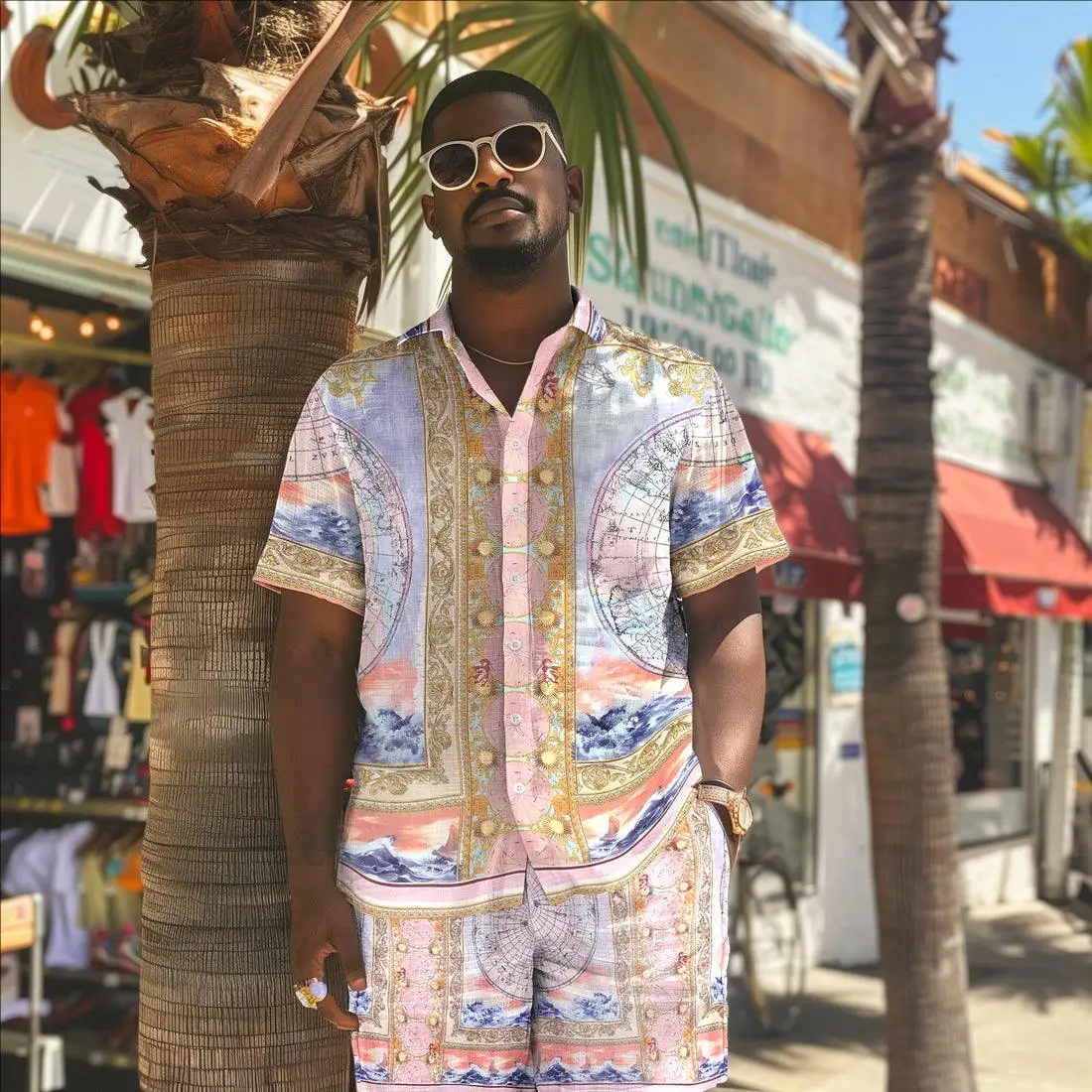 High Quality Fashion Pure Silk Printed Shirts Baroque Globe Pattern Print Short Sleeve Casual Shirts For Men