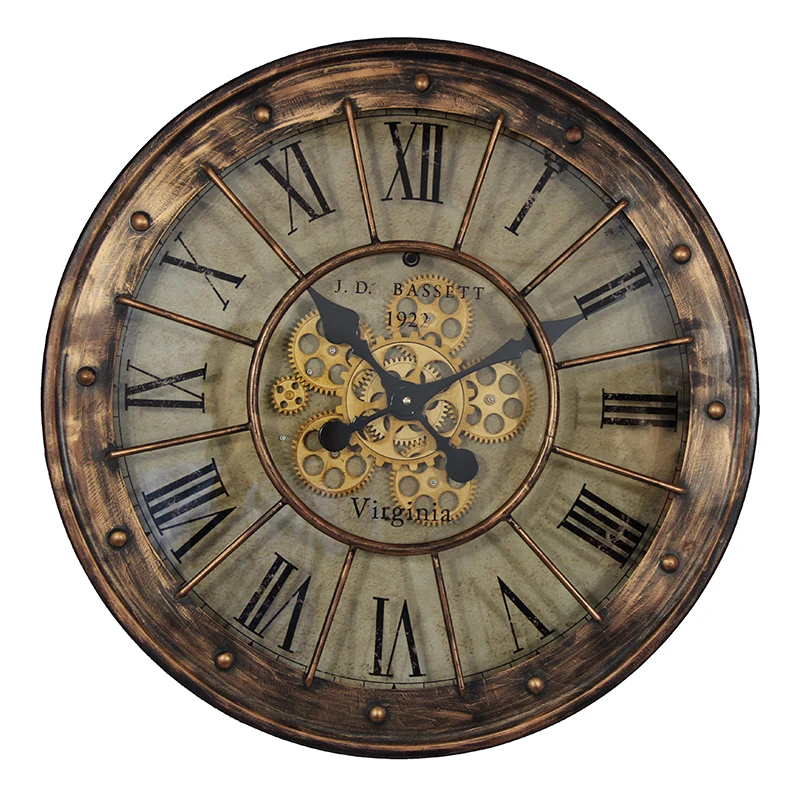
2021 Promotional European Antique Design Wall Mounted Metal Gear Wall Clocks with moving gears for home office school decoration 