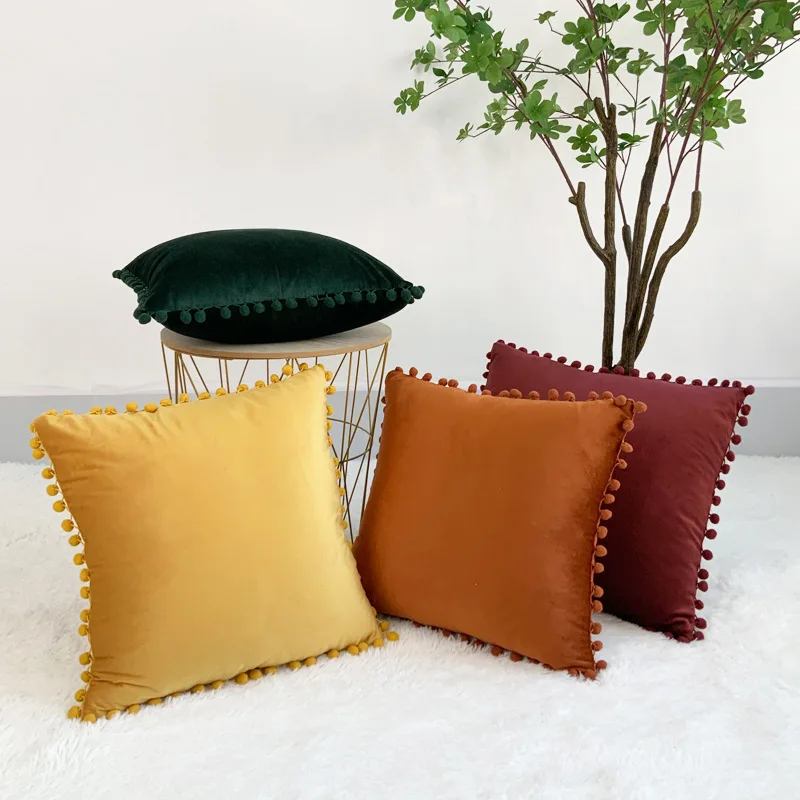 LISO Simple Modern Dutch Fuzzy Ball Throw Pillow Solid Color Velvet Pillowcase Sofa Cushion Covers