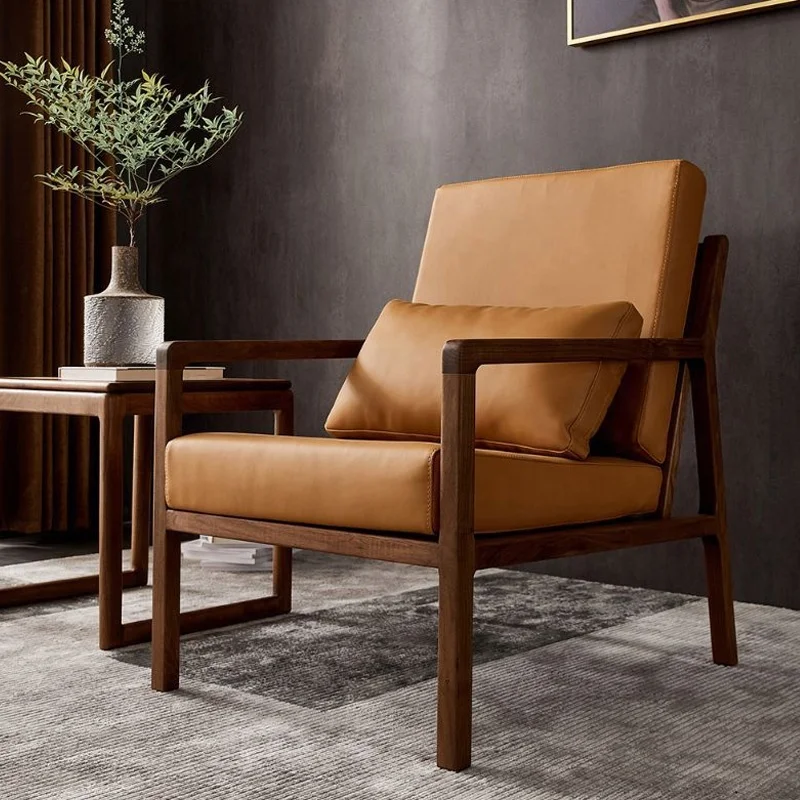 Italian minimalist single sofa chair hotel black walnut leisure chair living room study solid wood sofa chair