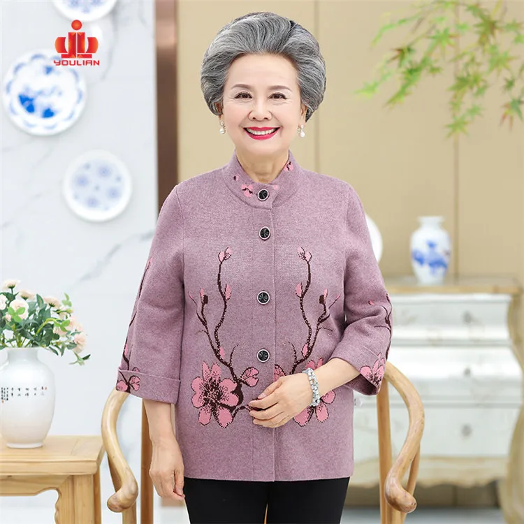 Eco Friendly Cashmere Woolen Knitted Ladies Cardigan Sweater For Old Women