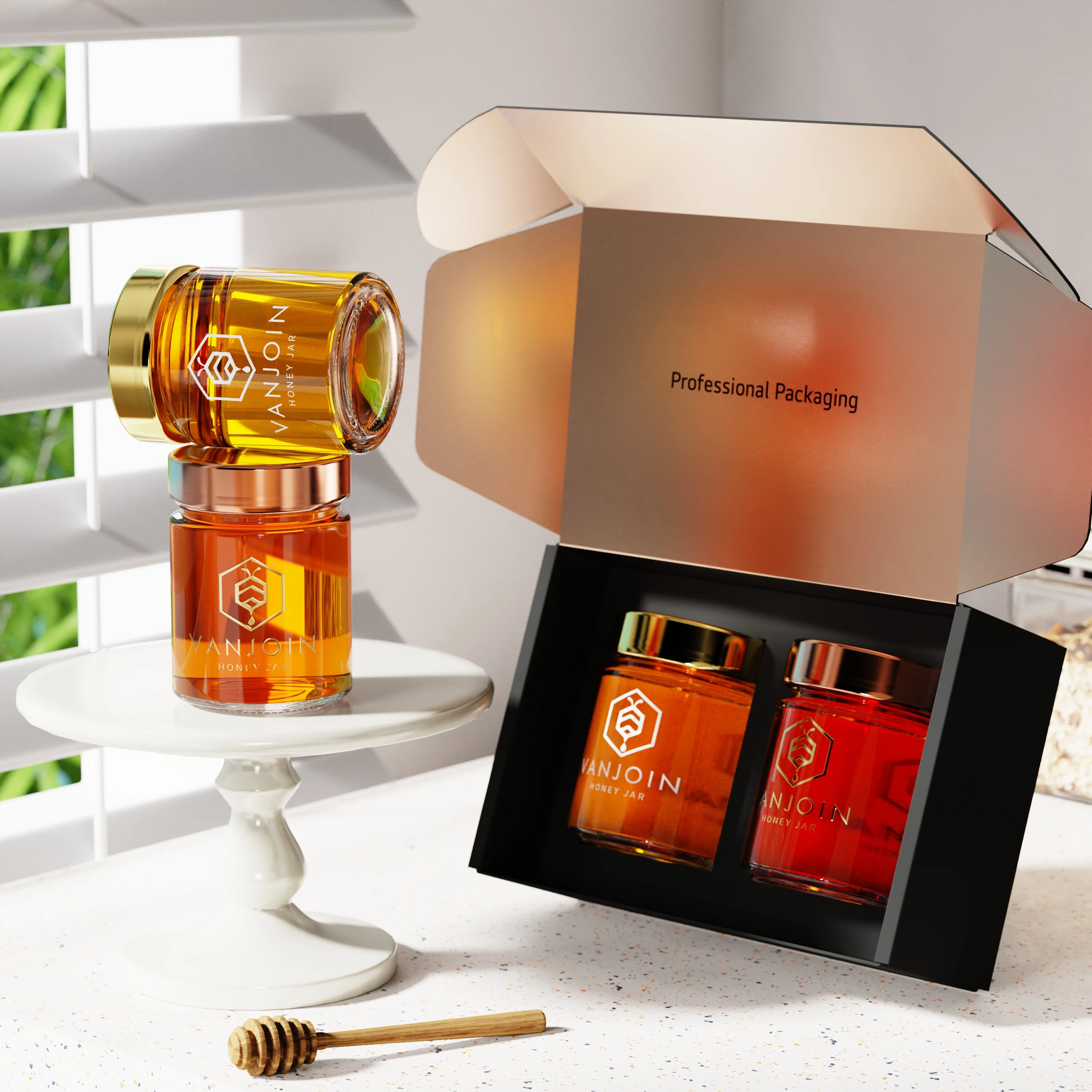 Unique Luxury 180ML Transparent Black Amber Glass Empty Round Honey Jars Bottles with Dipper and Packaging Box