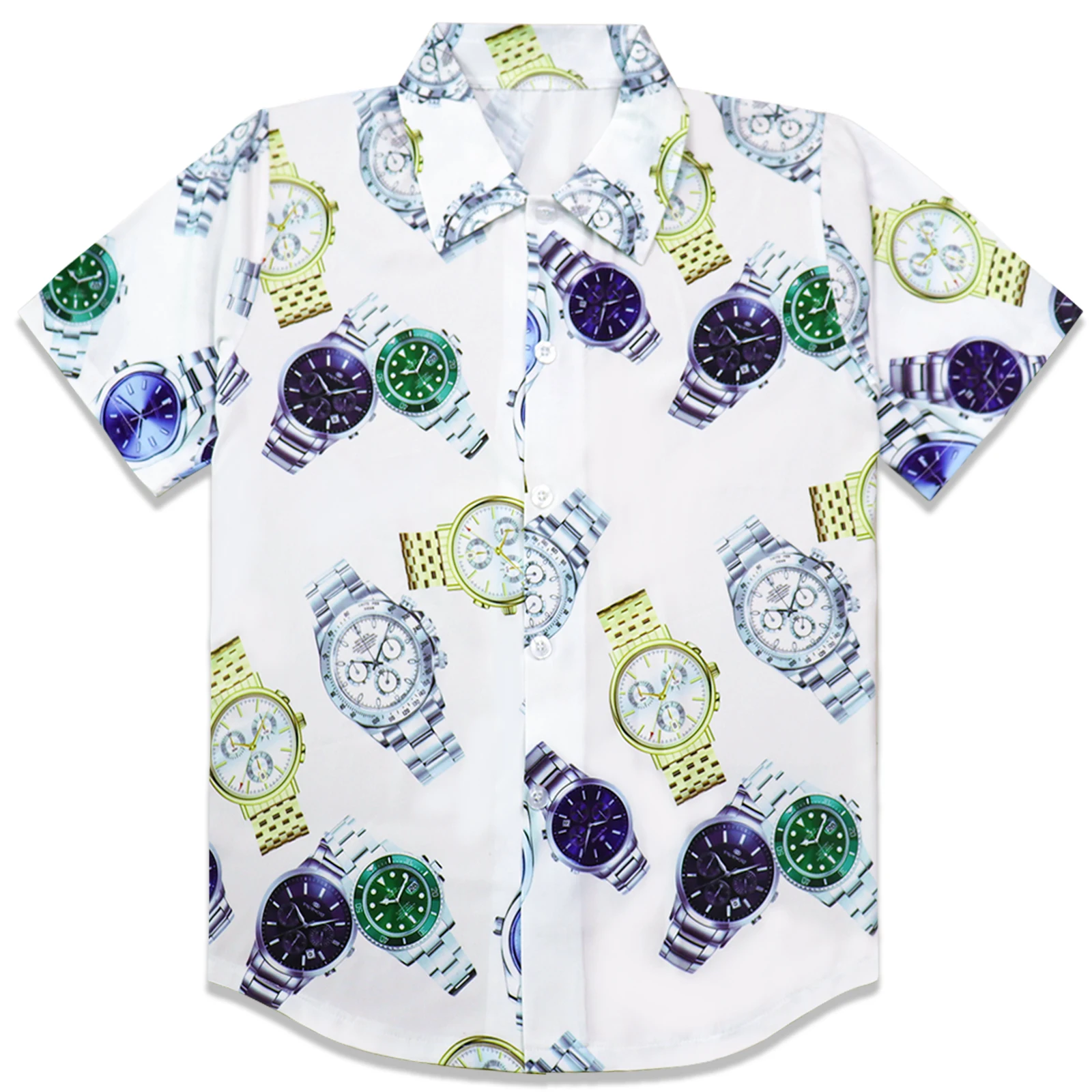 Hot selling vacation beach wear Hawaii lapel short sleeve polyester watch pattern custom sublimation printed LOGO hawaiian shirt