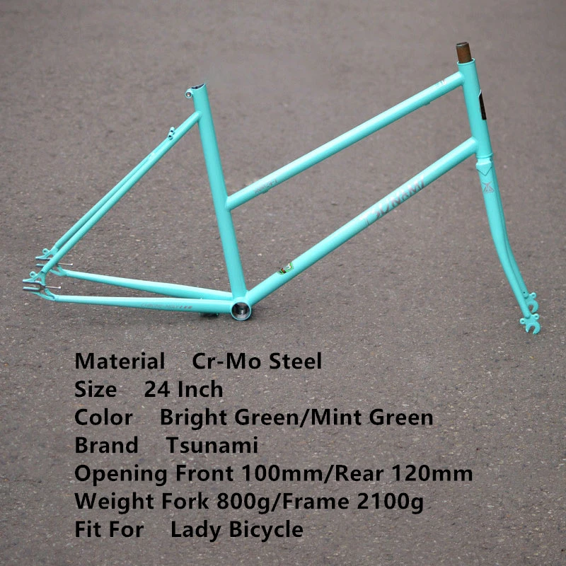Lady Bicycle Frame Tsunami 24 Inch Bright Mint Green Small Retro Chrome Molybdenum Steel Bike Frameset Front 100mm Rear 120mm
