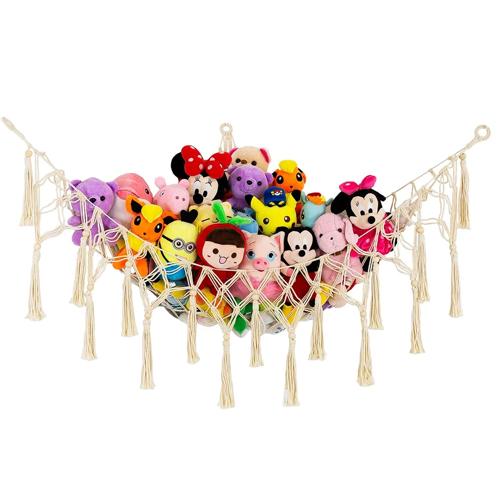 Hanging Storage Net Organizer Teddy Bear Mesh Toy Net Organizer Black Wall Sling Toy Hammock for Stuffed Animals with Tassels