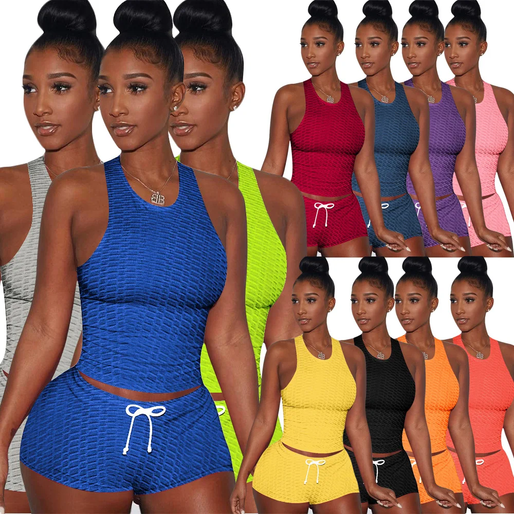Sexy Women Solid Color 2PCS Yoga Set Female Sleeveless Tank Top Bra Fitness Shorts Running Gym Sports Clothes Suit
