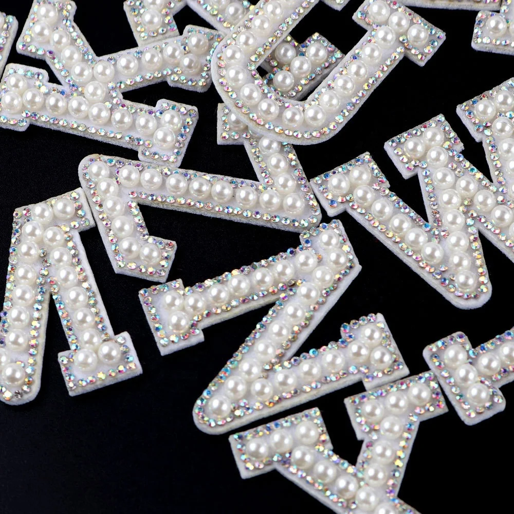 Custom Pearl Alphabet Iron On Embroidered Crystal Rhinestone Beaded Patches Motifs Applique Sequin Bead Letter Patch For Fashion
