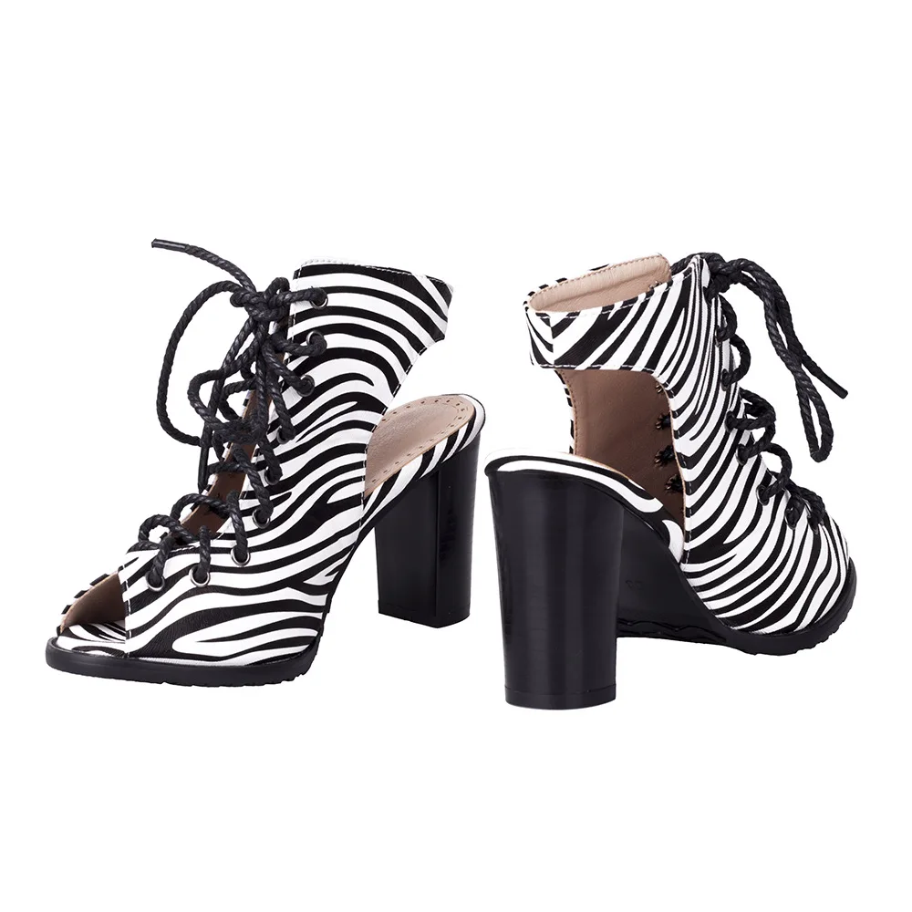 Women Zebra PU Leather Buckle Strap Girls Shoes Open Toe Chunky High Heels Lace Up Slingback Sandals