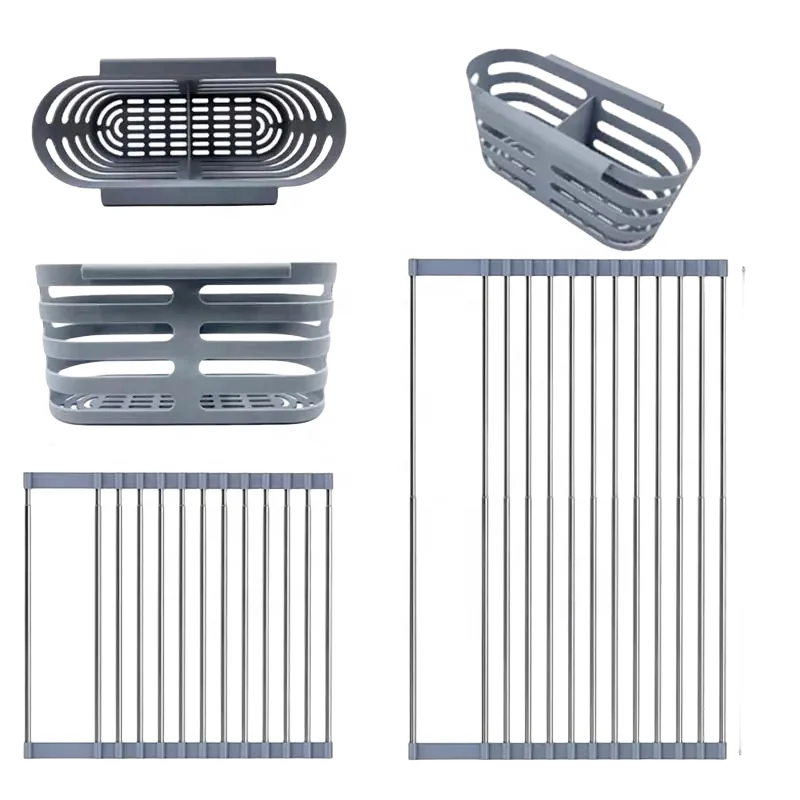 Popular Kitchen Stainless Steel Drain Basket Organizer Folding Expandable Roll Up Dish Drying Sink Rack