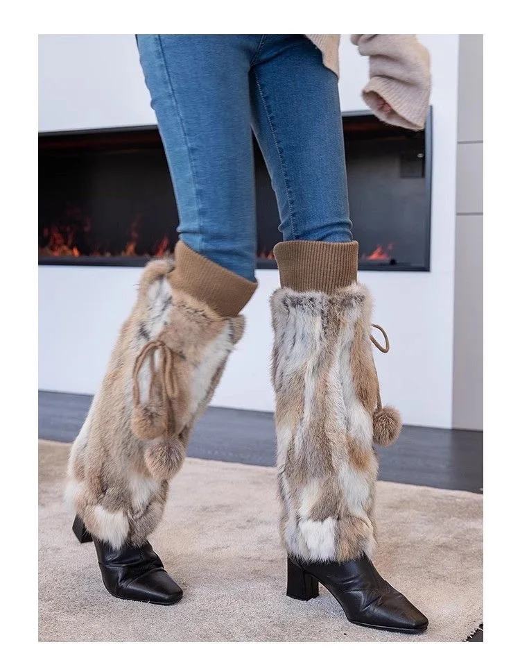 MWfur Fashion Wholesale Rabbit Fur Knee Pads Knee Brace Patchwork Natural Rabbit Fur Leg Warmer with Fur Balls For women