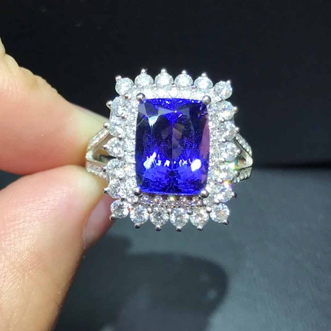 Natural Emerald Cut Blue Sapphire Wedding Engagement Diamond Mossanite Ring With GRA Certificate