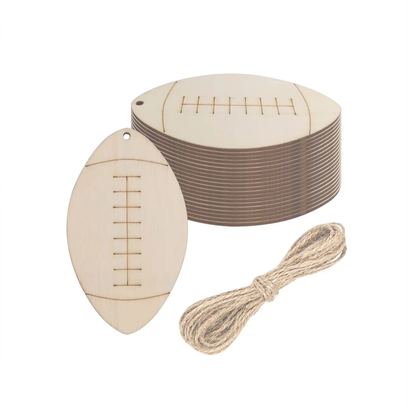 Football Cutouts DIY Crafts Stand Wood Hanging Ornaments with Jute Twines for Sport Themed Projects and Gift Tags