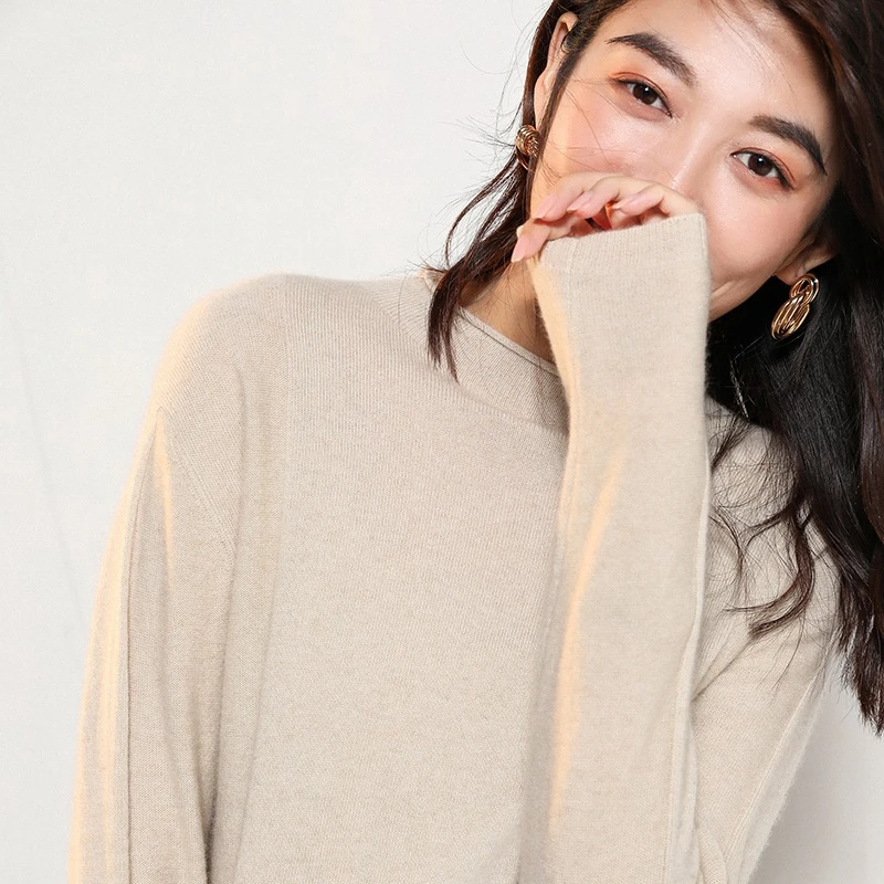 OEM ODM Knitted Slim Fit Ladies Crew Neck 65% Merino Wool 35% Cashmere Women Sweater