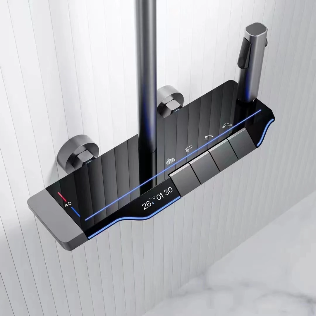 Grey Piano Digital Shower Set Intelligent Brass Bathroom Faucets Hot Cold Waterfall Tap Rainfall Gray Shower System chuveiro